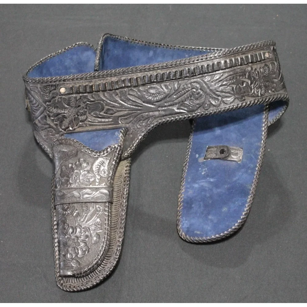 Vintage Tooled Leather Western Double Holster Belt Black Floral Carved Cowboy